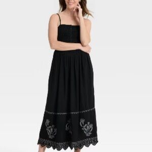 Universal Thread Button-Front Smocked Maxi Sundress Embroidered Trim, Black, L
